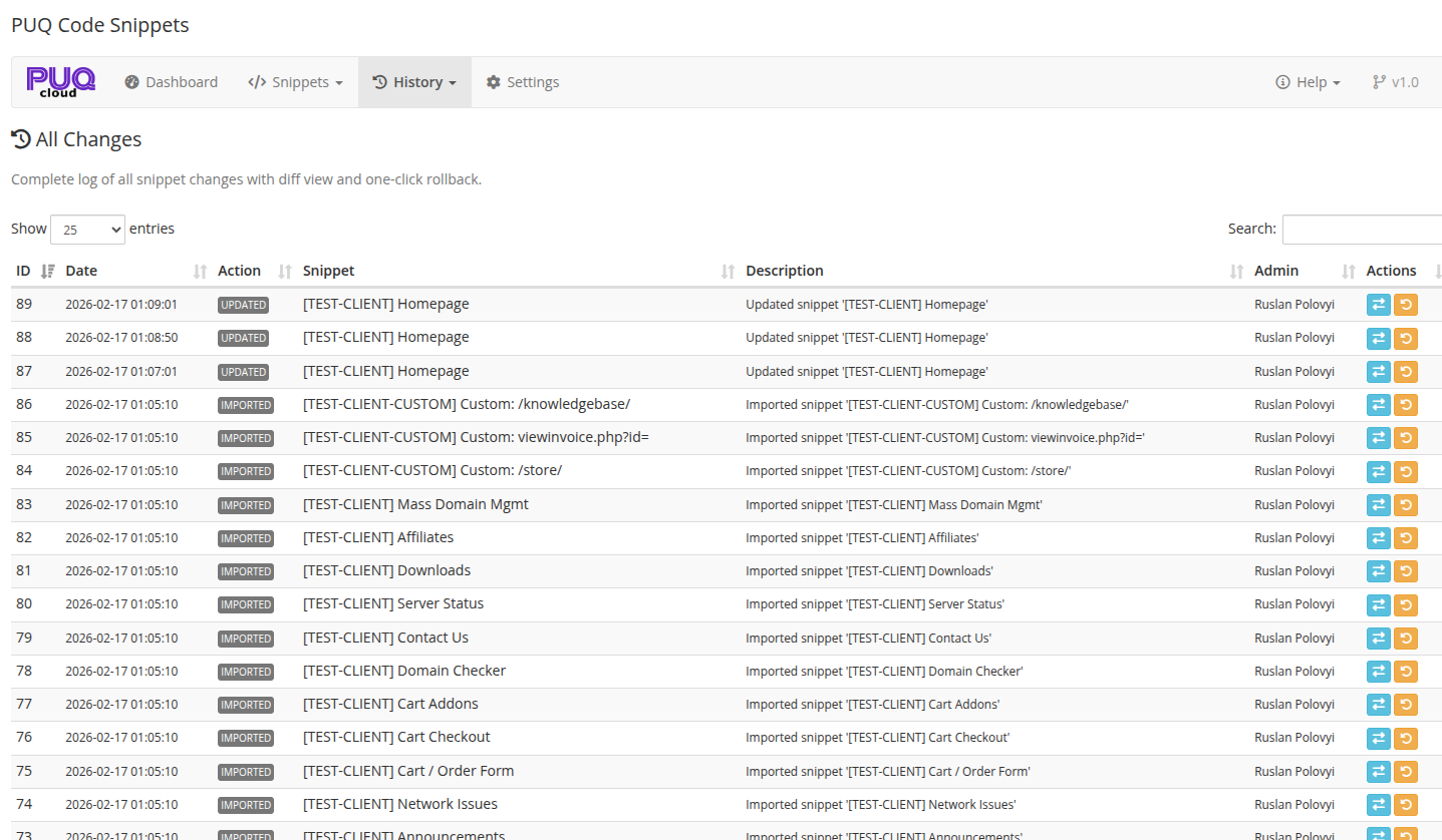 History — complete log of all snippet changes