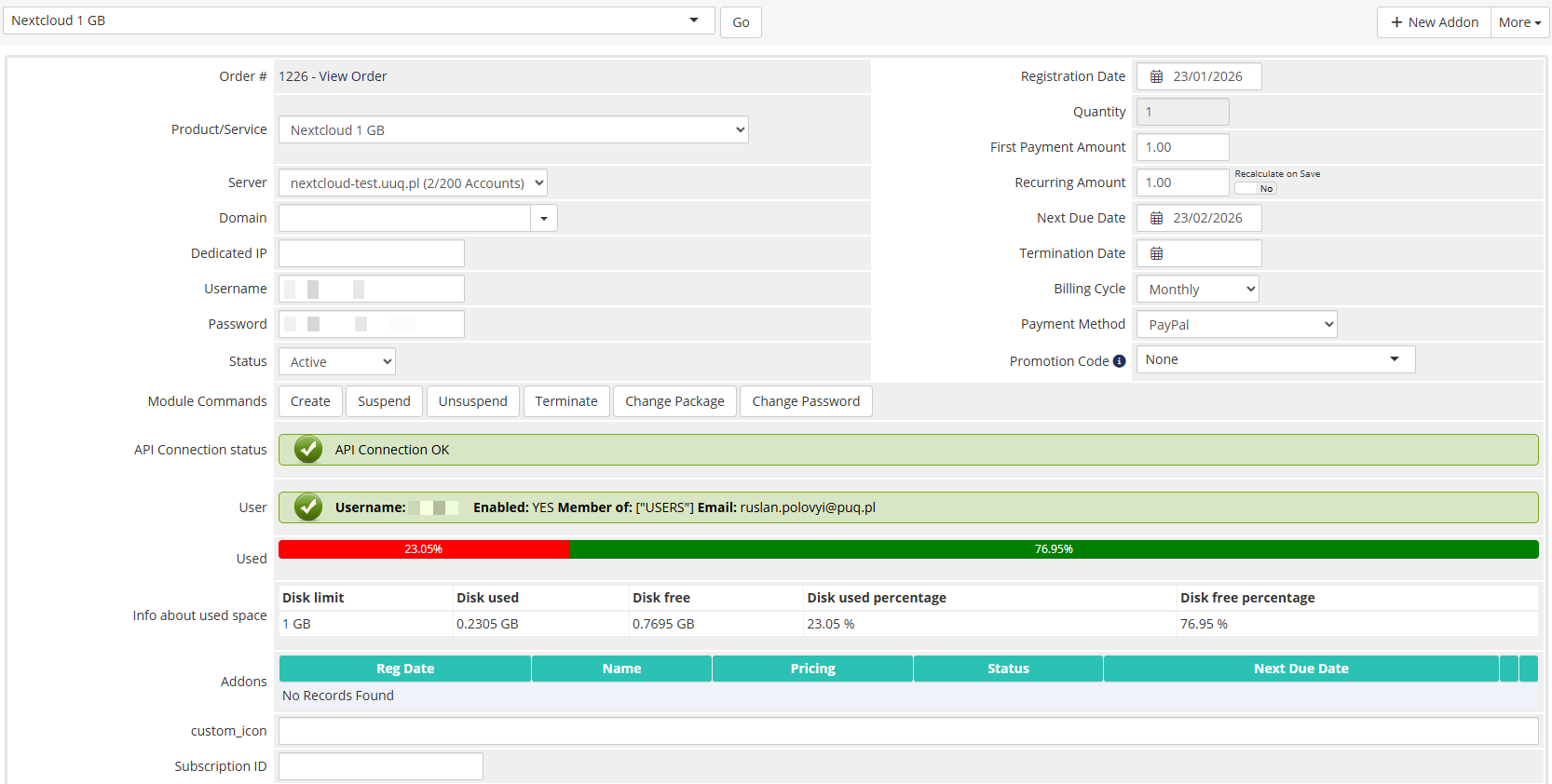 Admin area product information