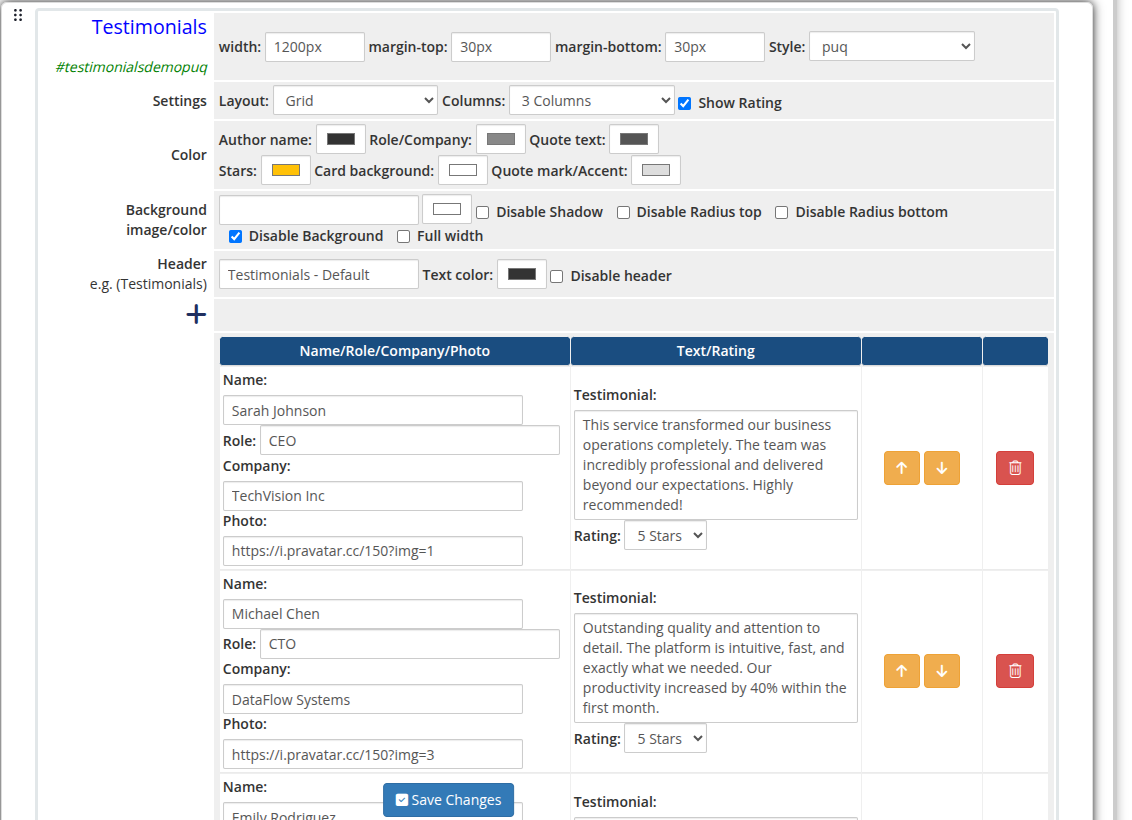 Testimonials widget admin settings