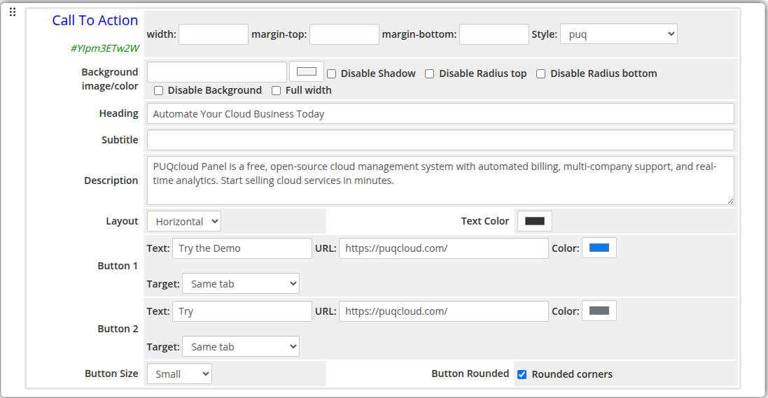 Call To Action widget admin settings