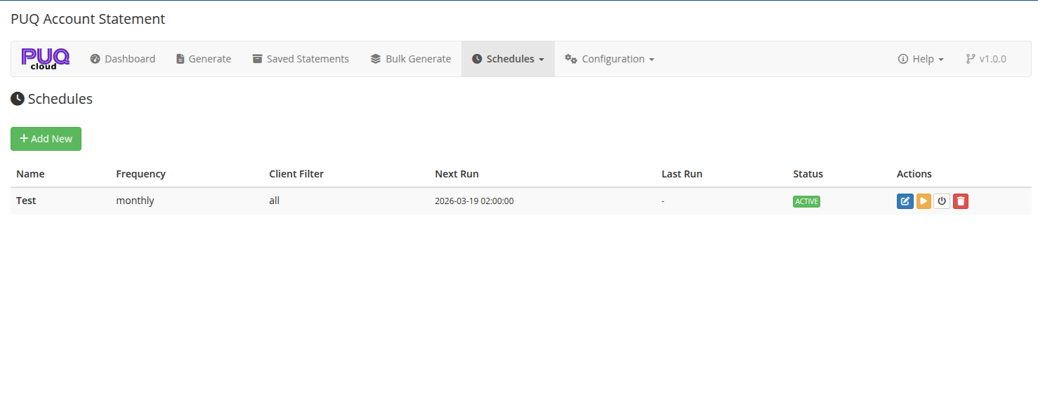 Schedules — list of configured schedules