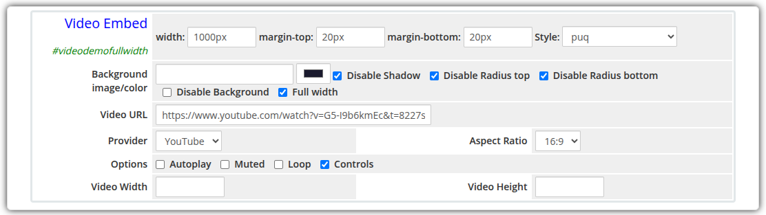 Video Embed widget admin settings