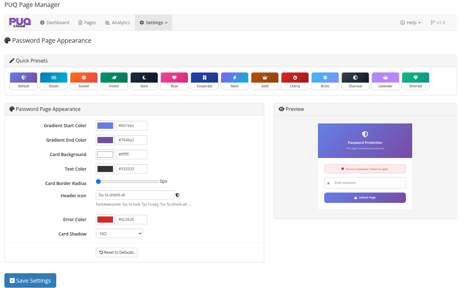 Password page appearance settings with live preview