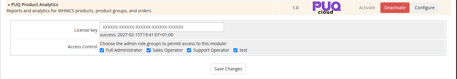 Module configuration with license key and access control