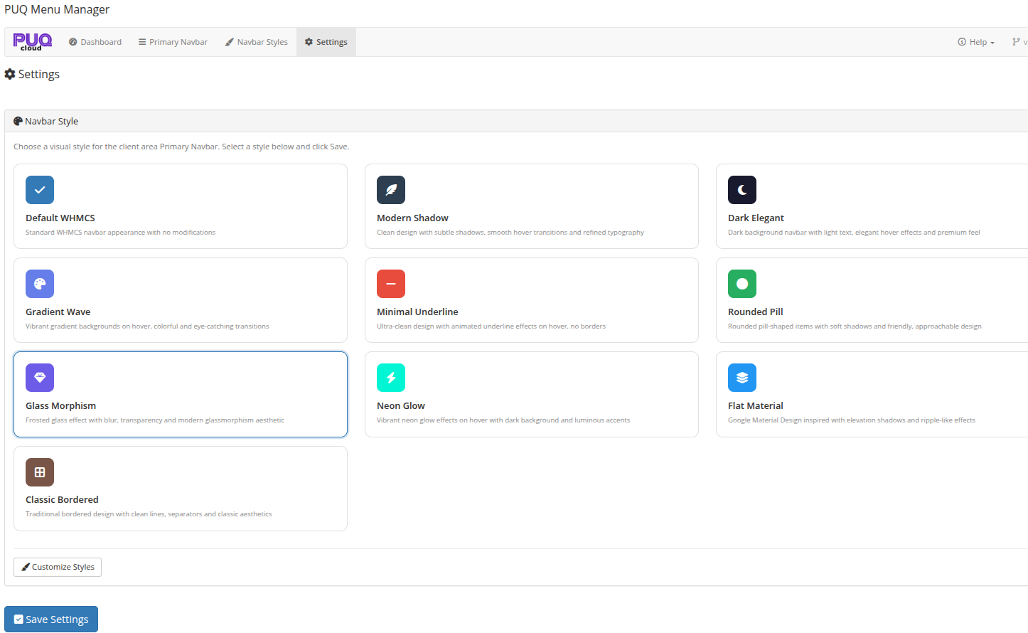 Settings page with navbar style selector