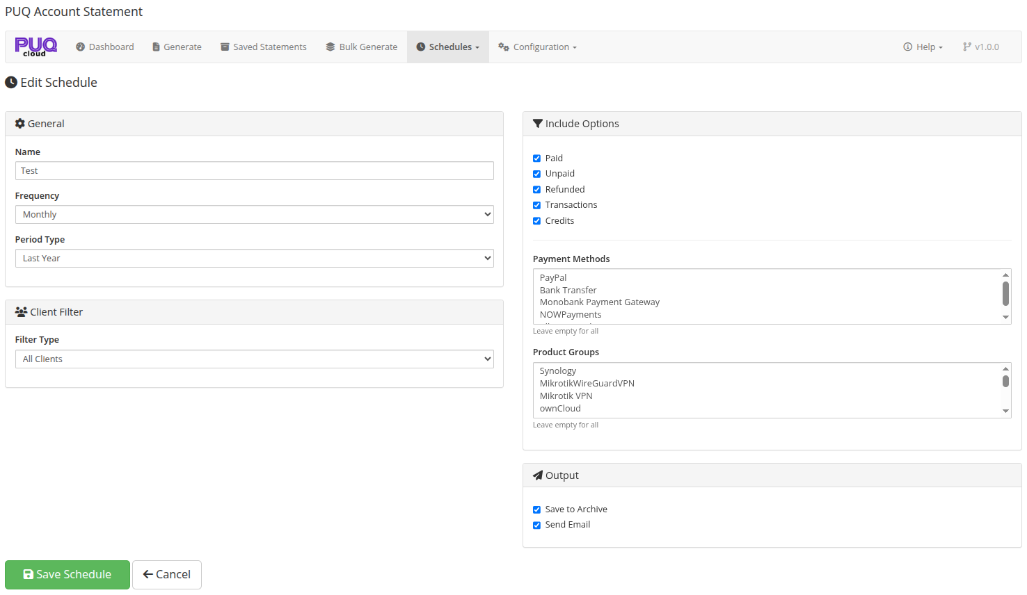 Schedule Editor — configure automated statement generation