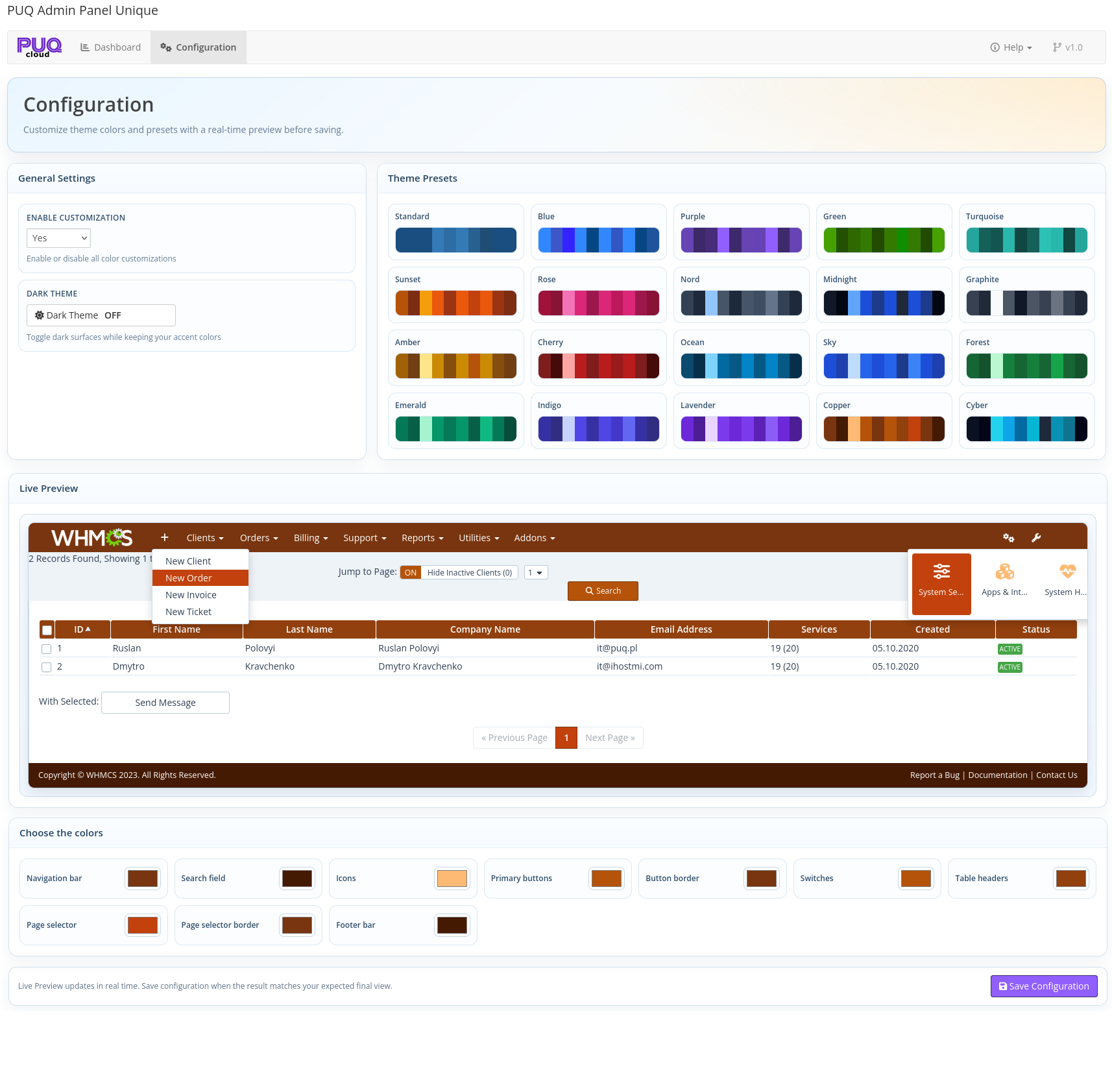 Configuration page — general settings, presets, live preview, and color controls