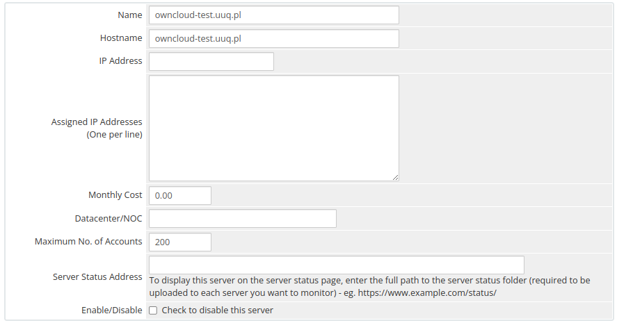 Add server - general settings