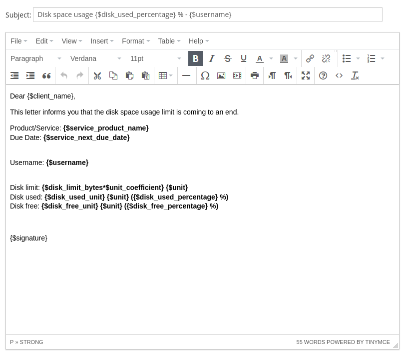 Email template configuration