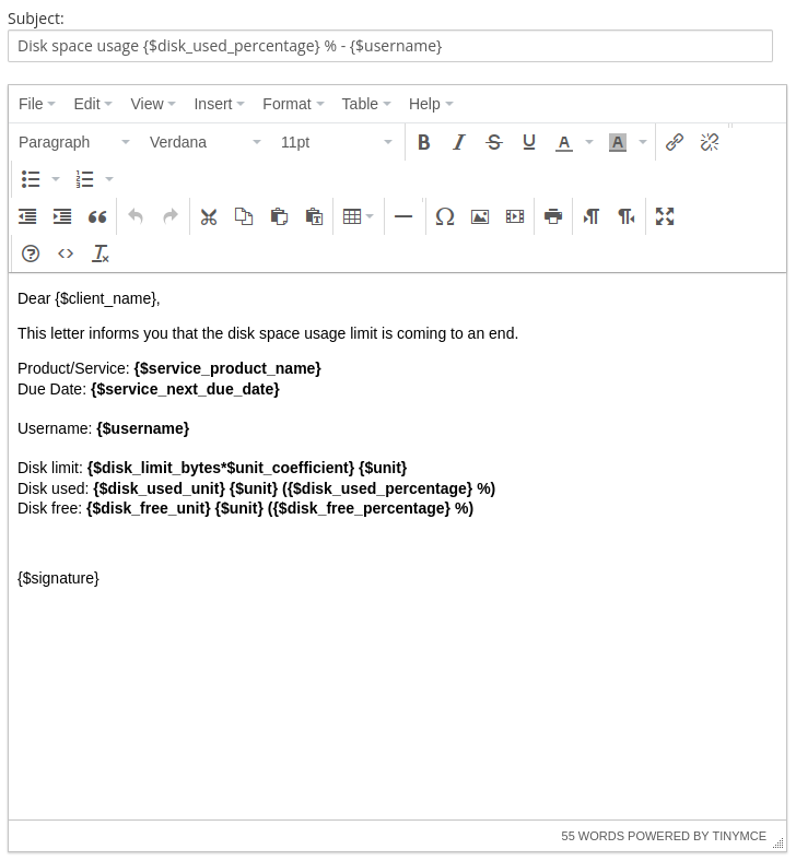 Email template configuration