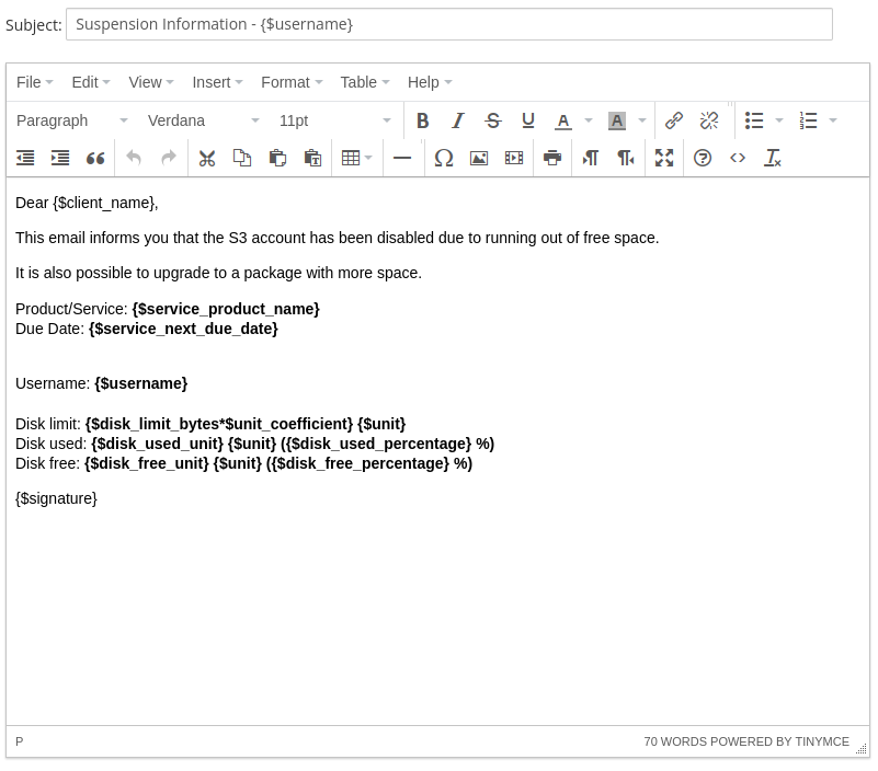 Email template configuration