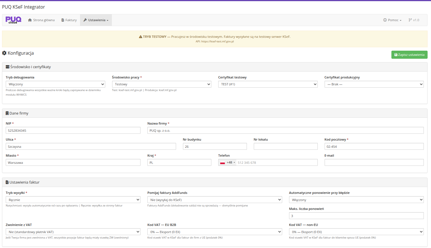 Strona konfiguracji modulu