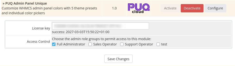 Module configuration with license key and access control