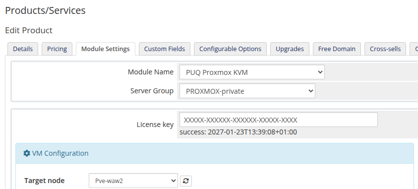 Server Group (WHMCS-level) and Target Node (module-level) on the product Module Settings tab