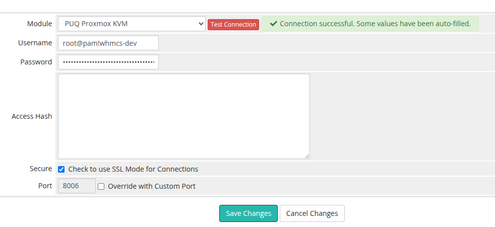 Server Details with Proxmox token authentication (v2.3+)