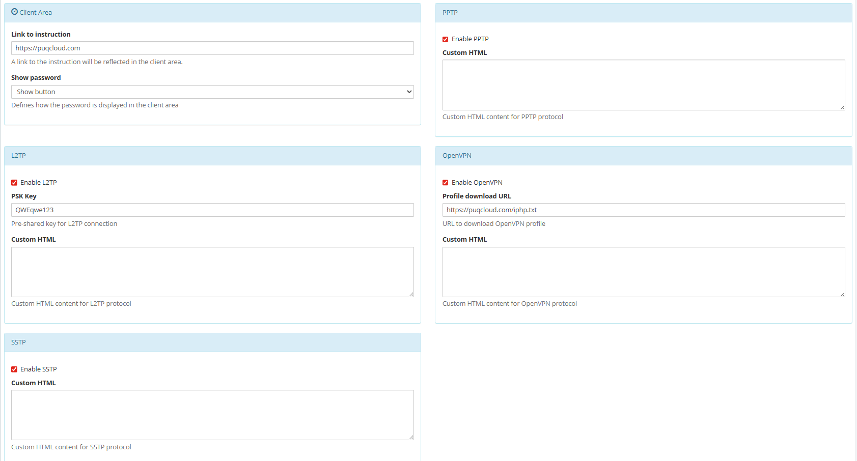 Product configuration — module settings area