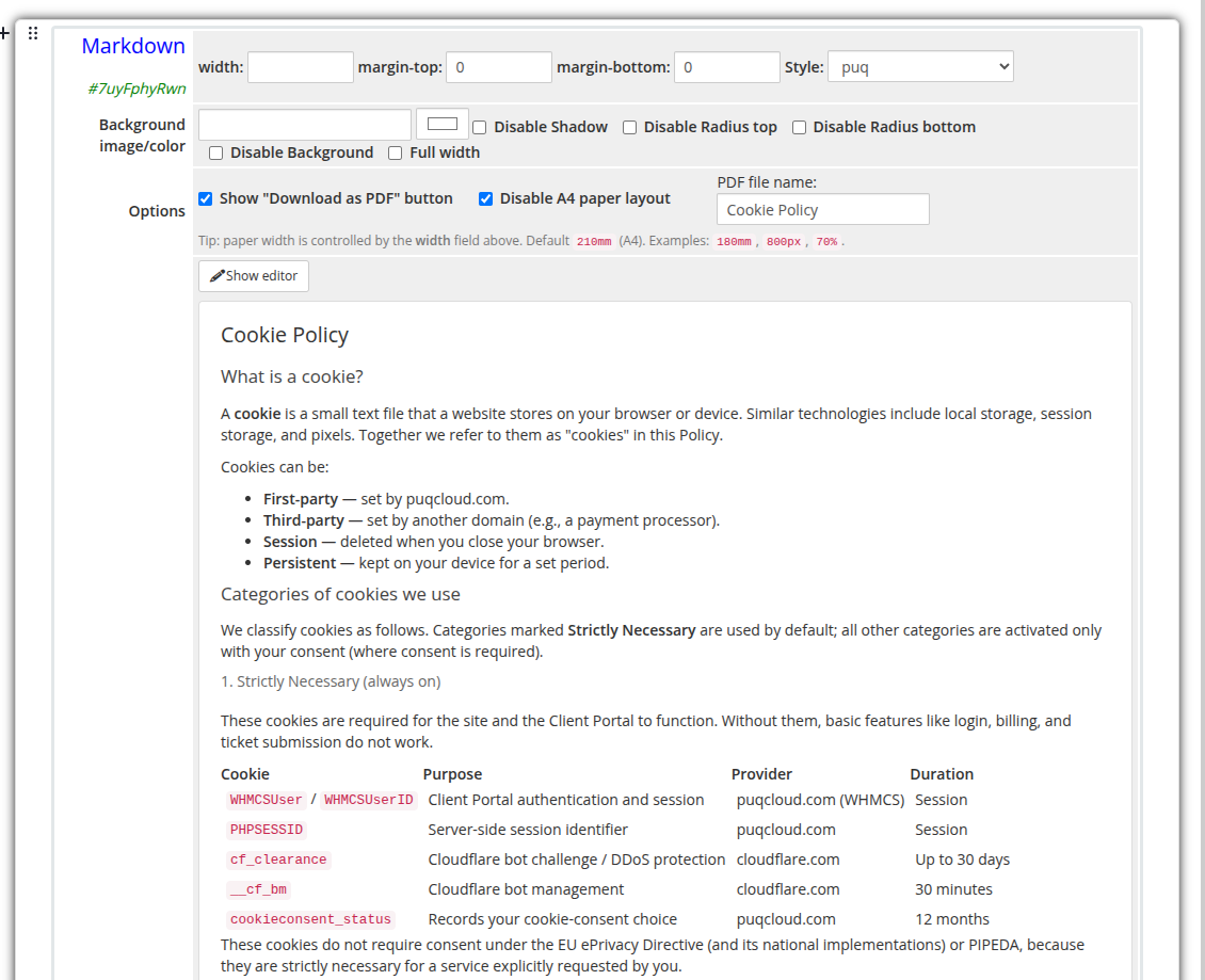 Markdown widget admin — preview mode