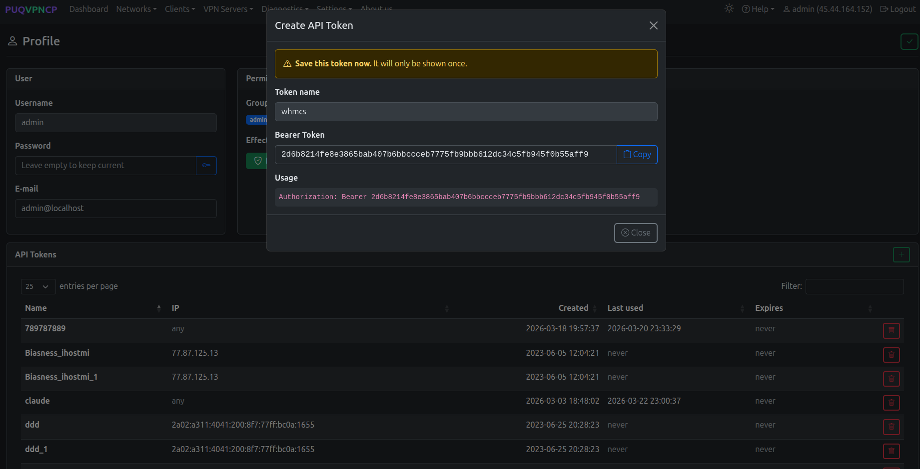 Bearer token shown once