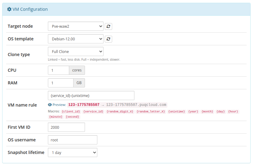 VM Configuration section