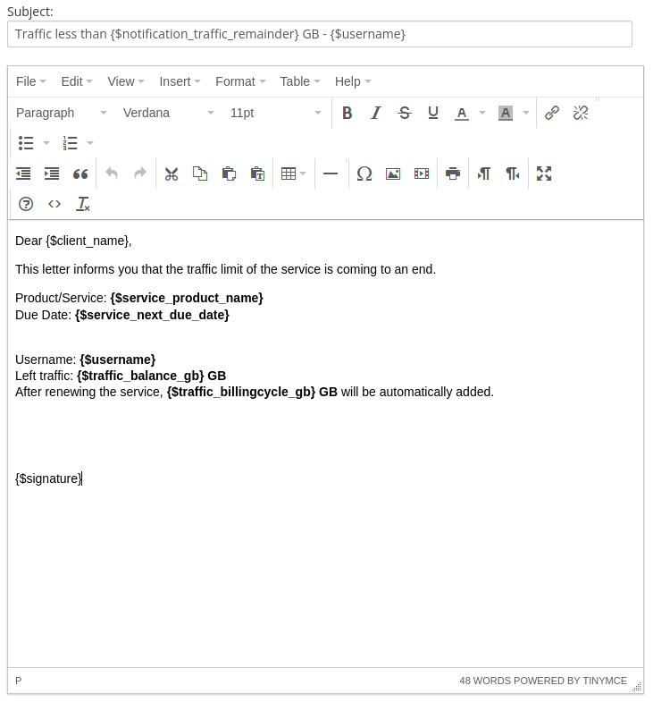 Email template configuration