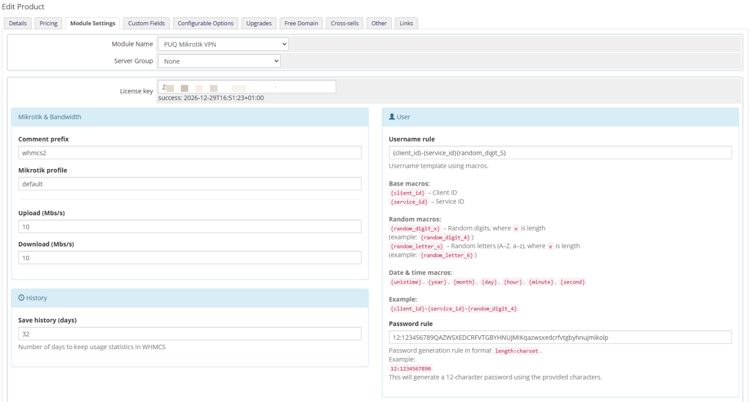 WHMCS product module settings