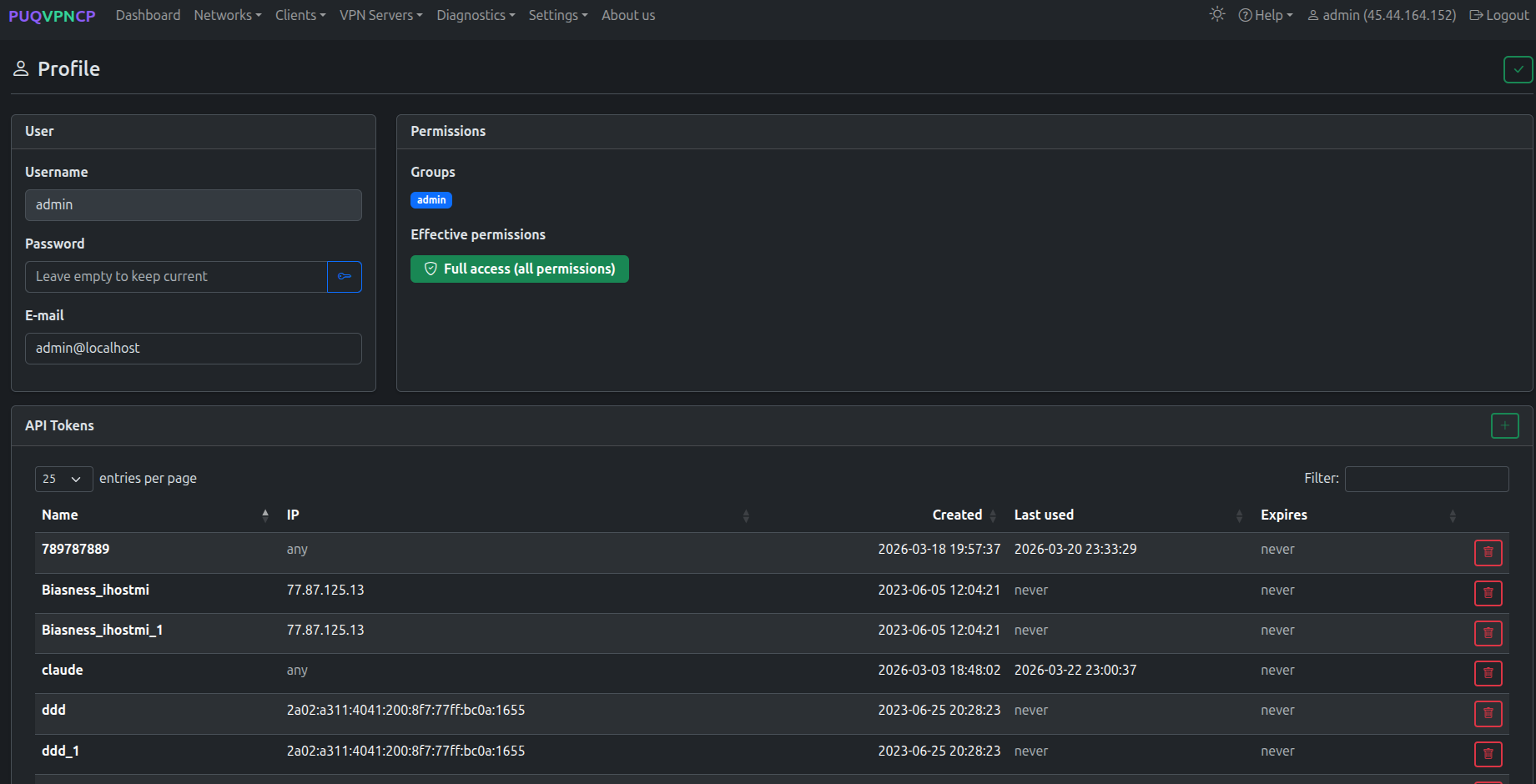 Profile — API Tokens section