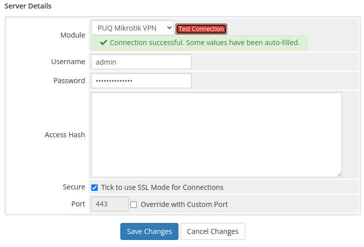 Add server - module settings