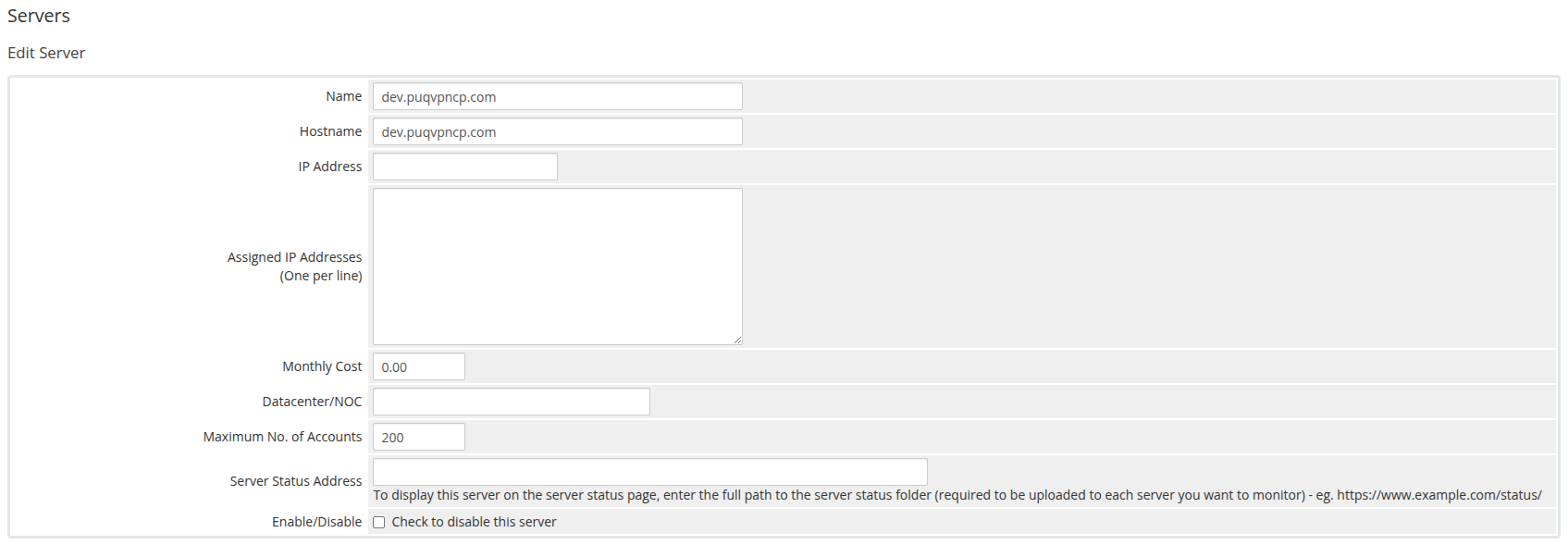 Add server - general settings