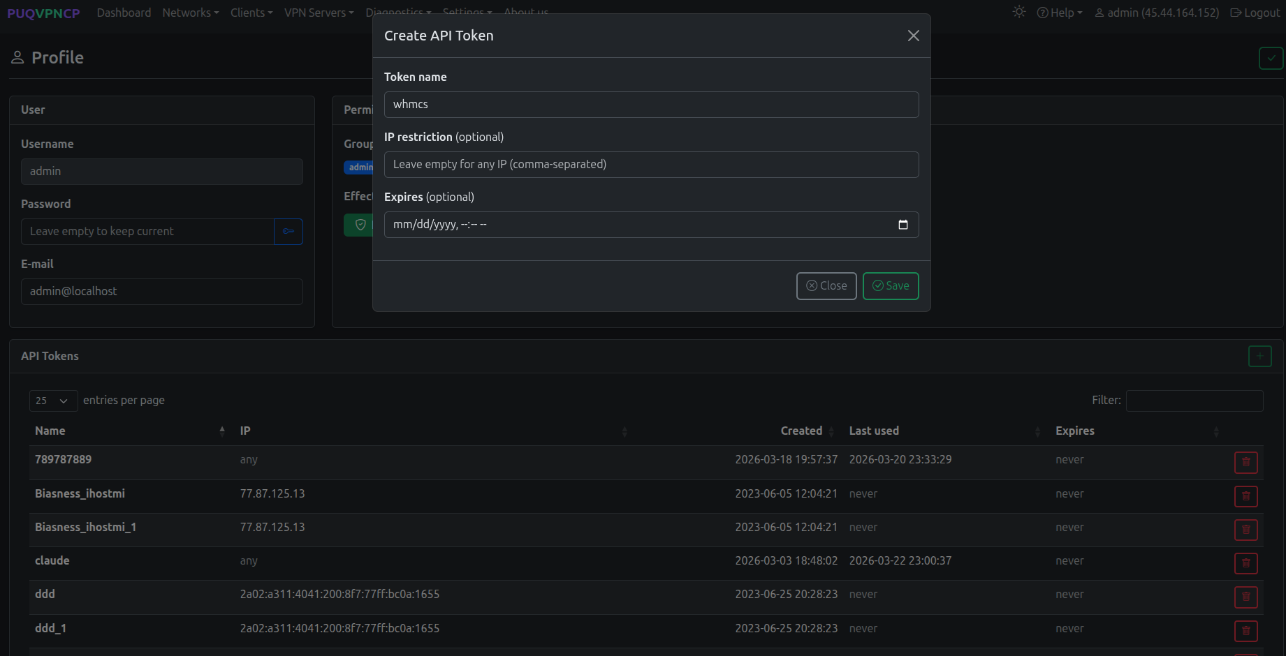 Create API Token modal
