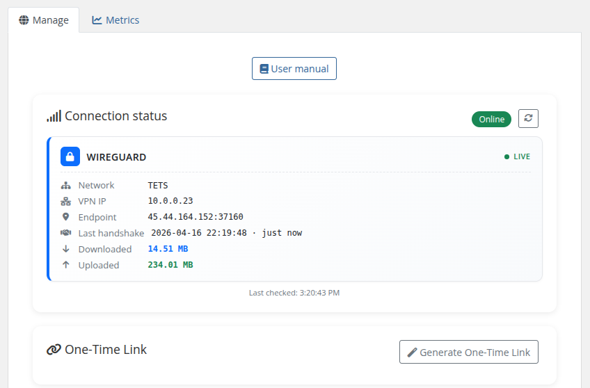 Client area — home screen