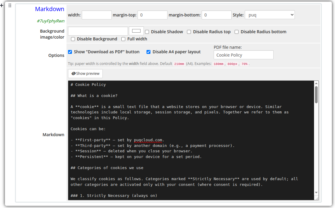Markdown widget admin — editor mode