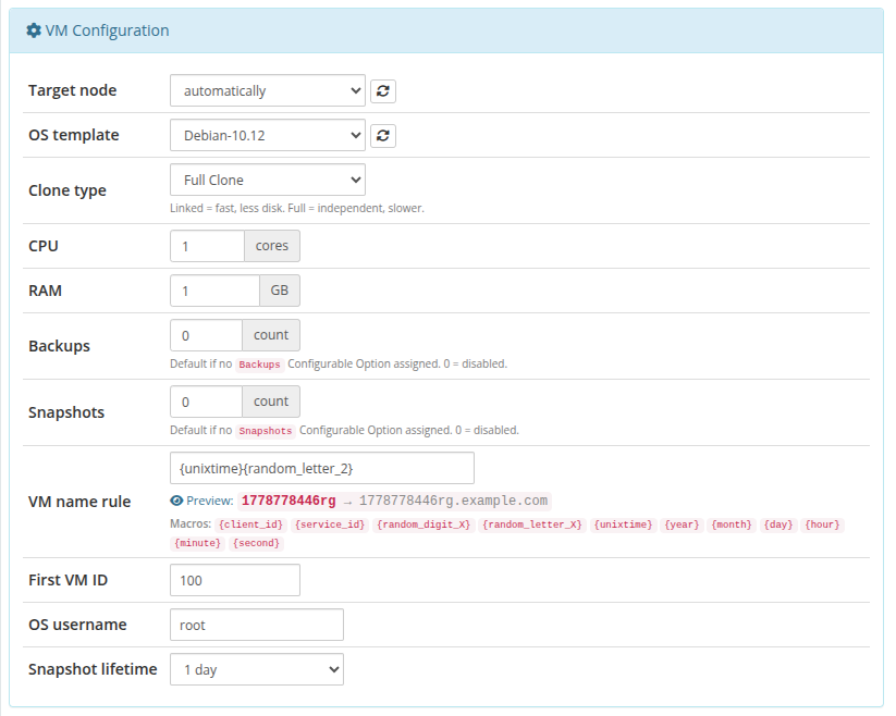 VM Configuration section