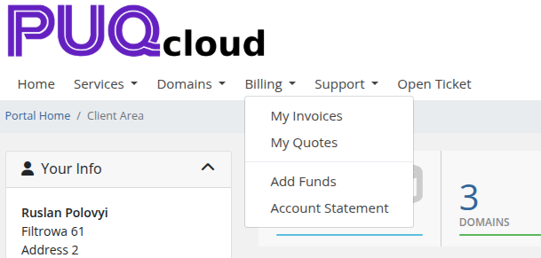 Account Statement link in the client area Billing menu