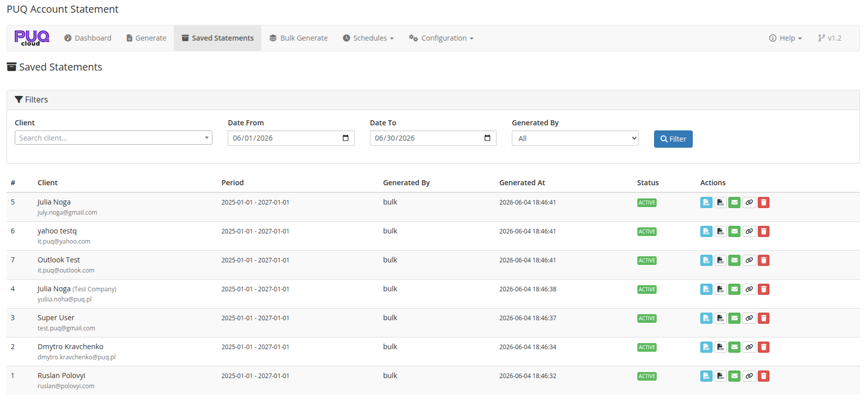 Saved Statements — list with filters and actions