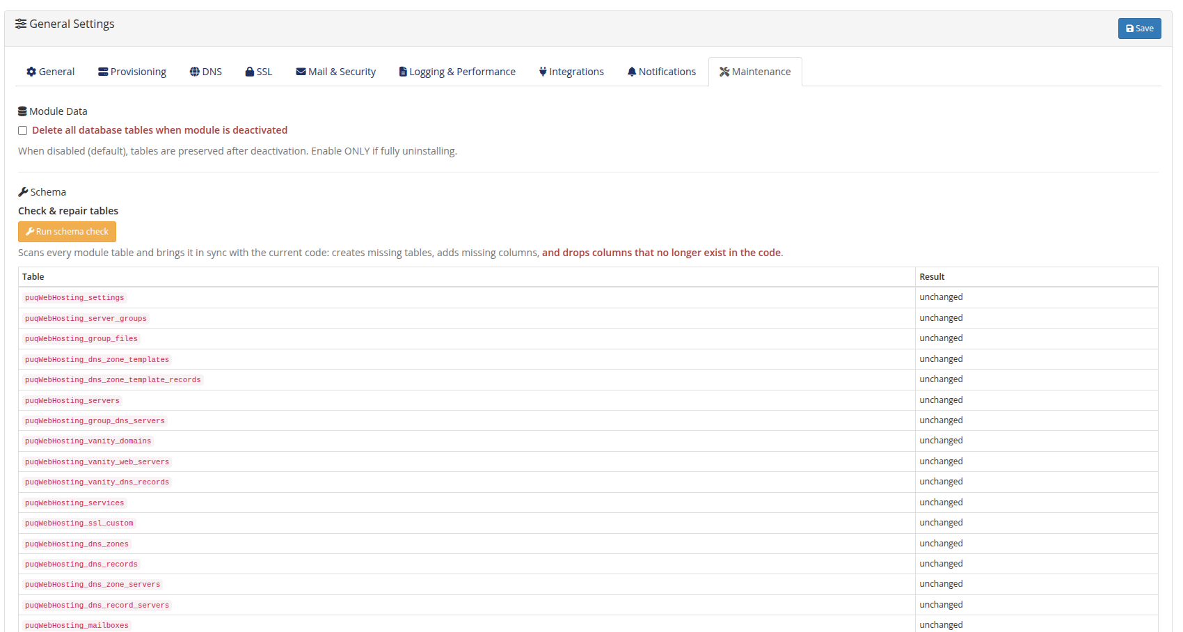 Maintenance — schema check