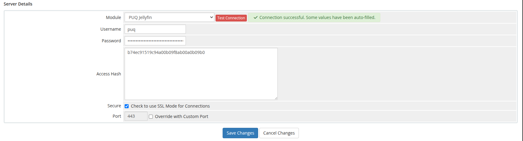 Server Details — PUQ Jellyfin module + Test Connection
