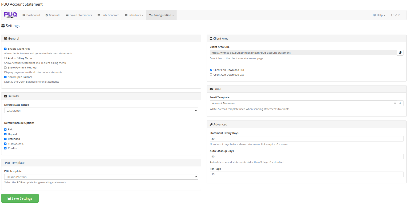 Settings — general, defaults, client area, email, and advanced options