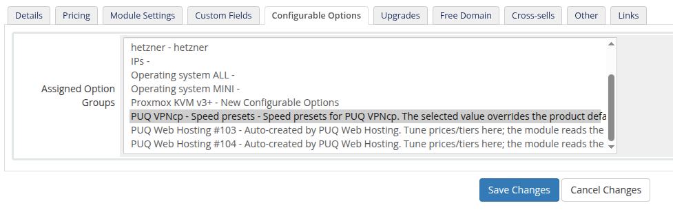 Configurable Options assigned to the product