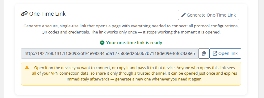 One-Time Link generated