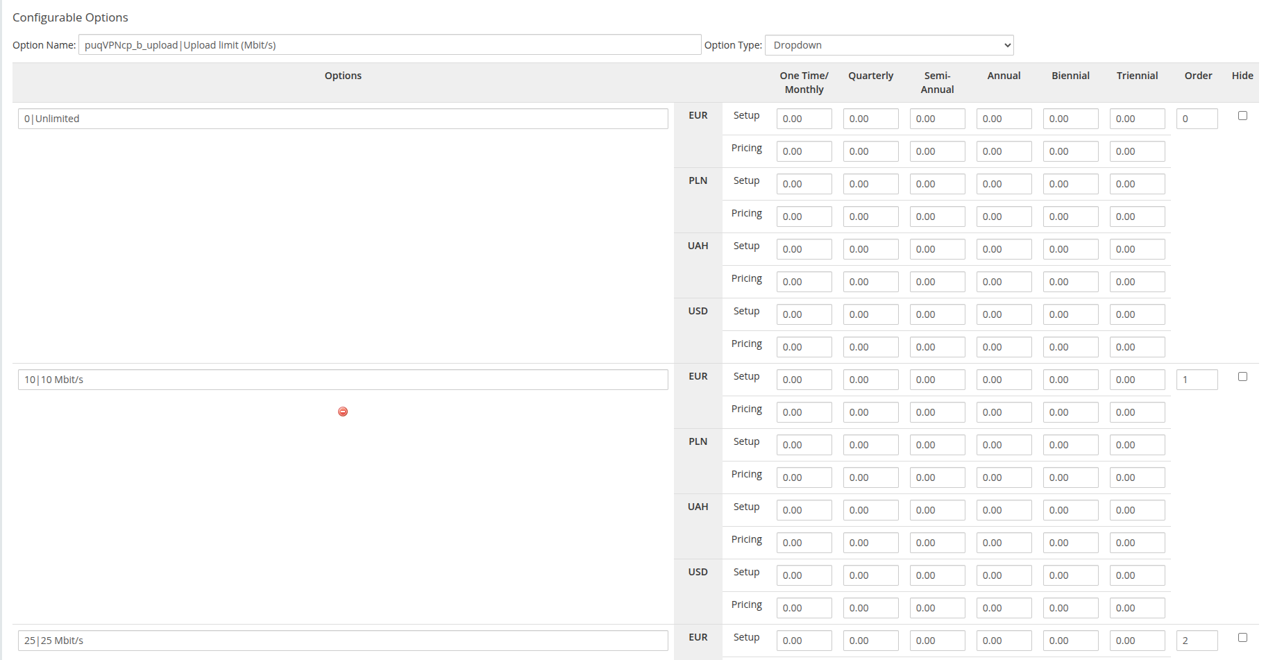 Upload limit presets and pricing