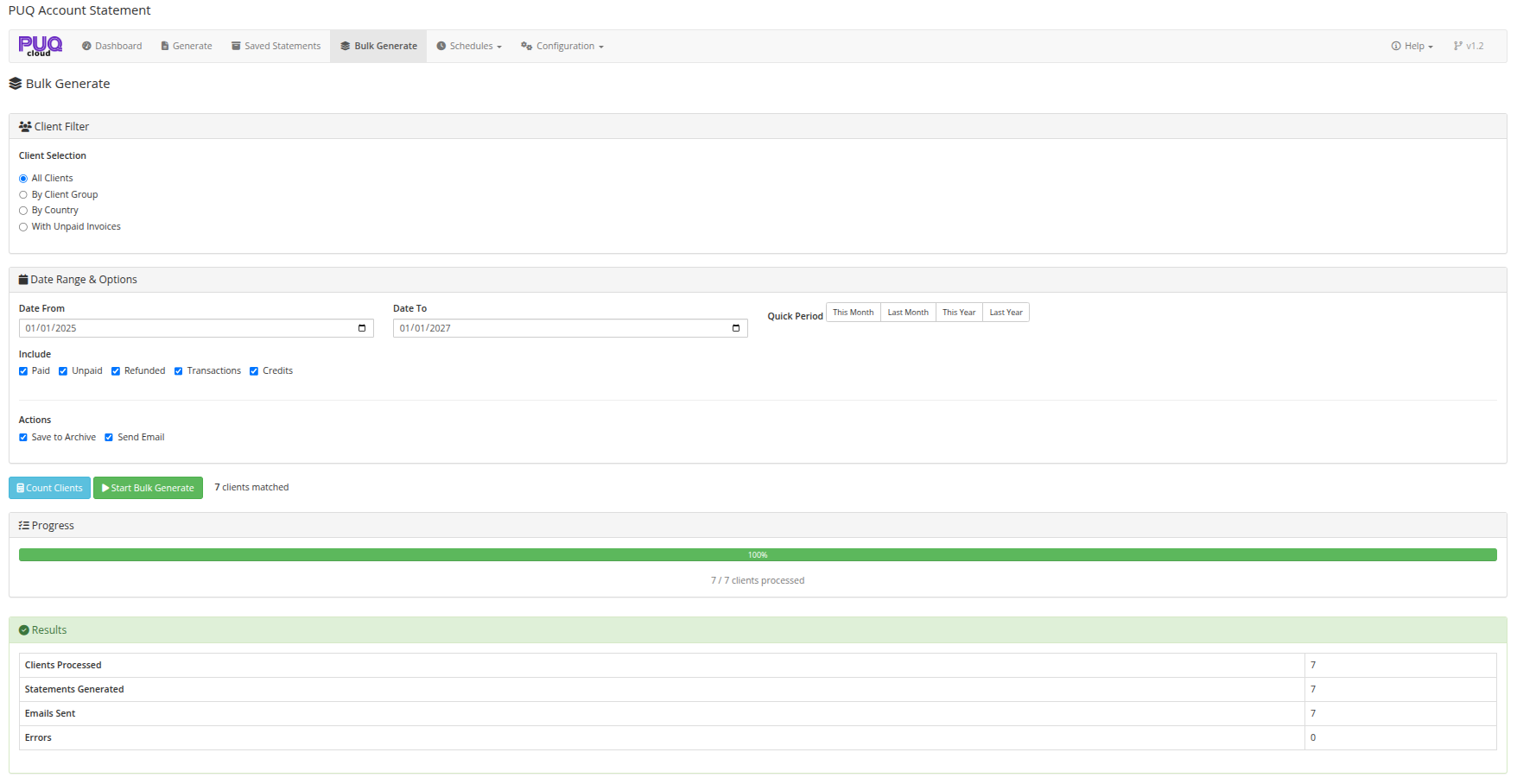 Bulk Generate — client filter, options, and progress