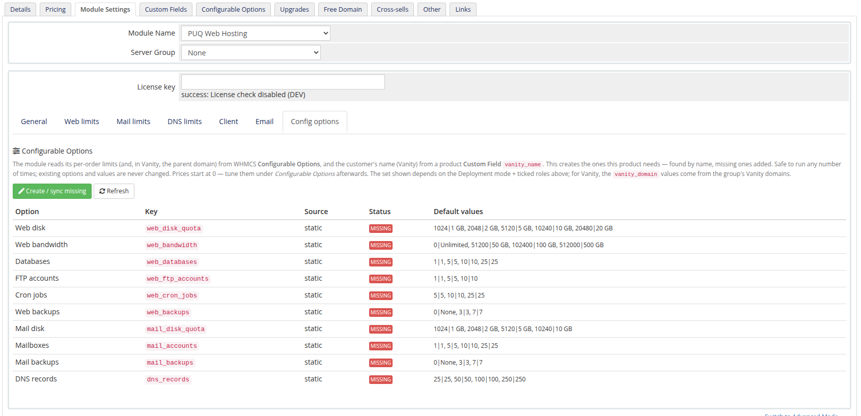 Config options — missing