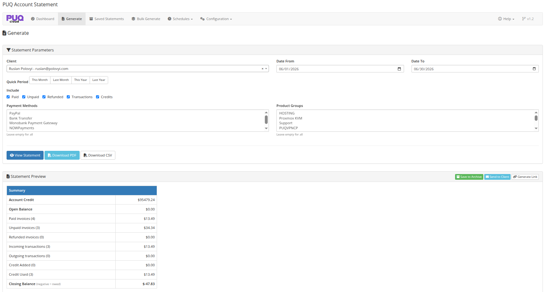 Generate Statement — parameters and preview