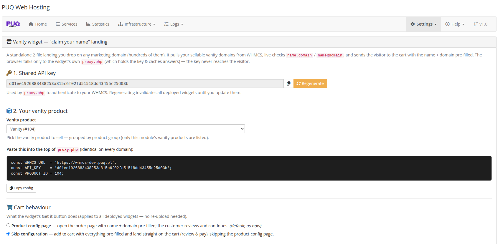 Vanity widget config