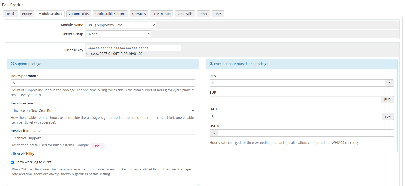 Module settings — full product configuration