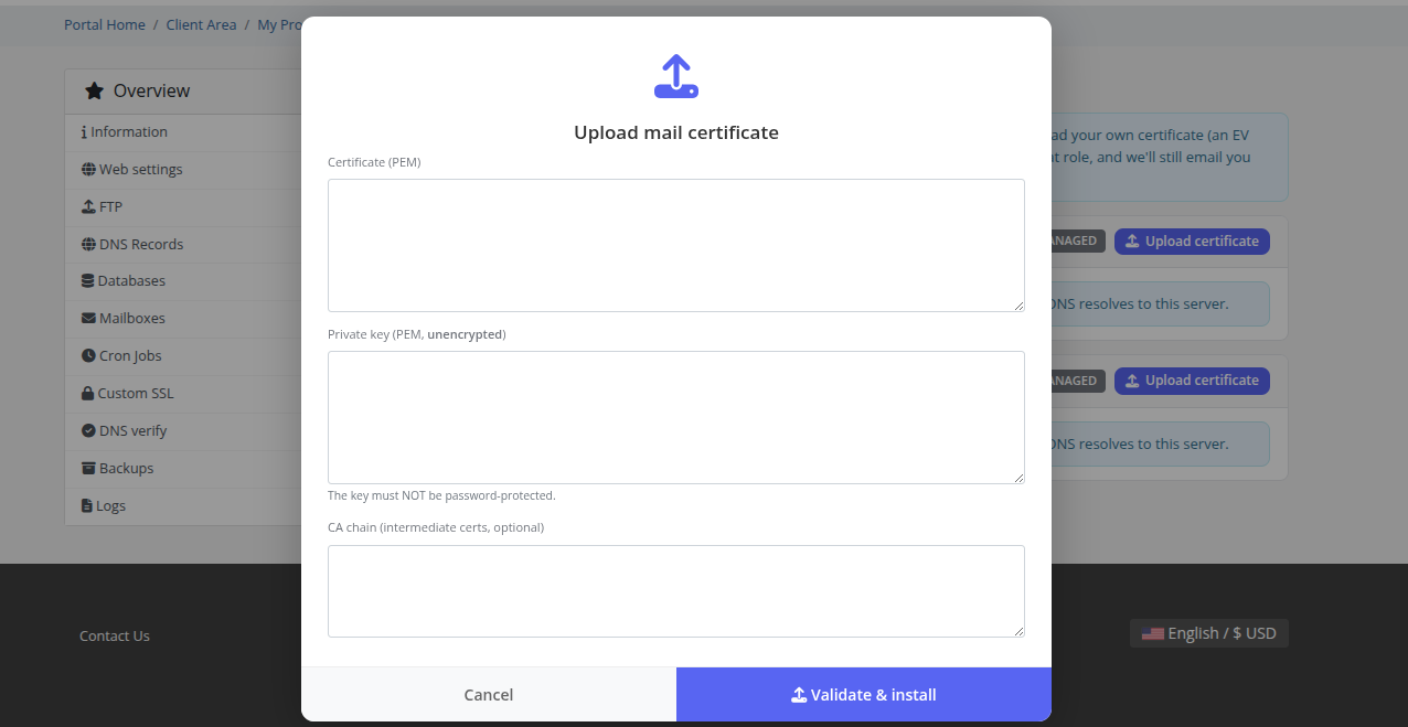 Upload custom SSL