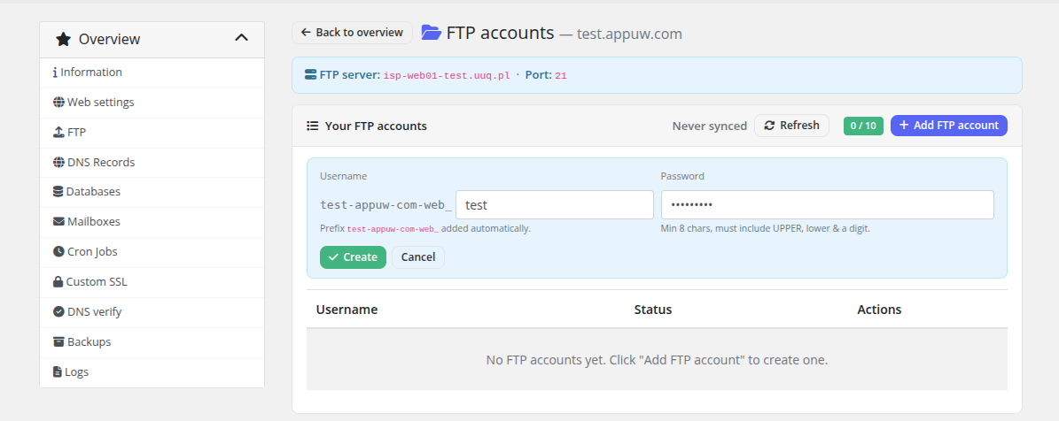 Create FTP account