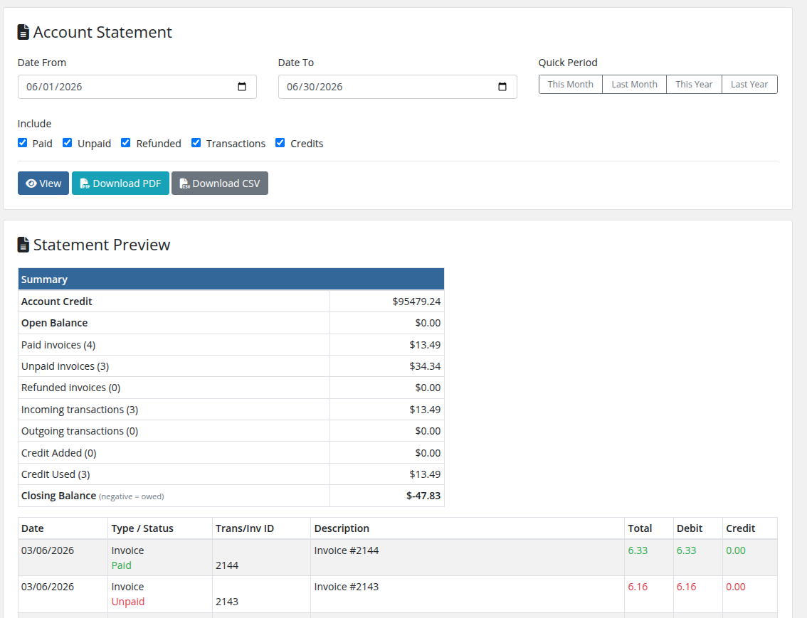 Client area statement preview with summary