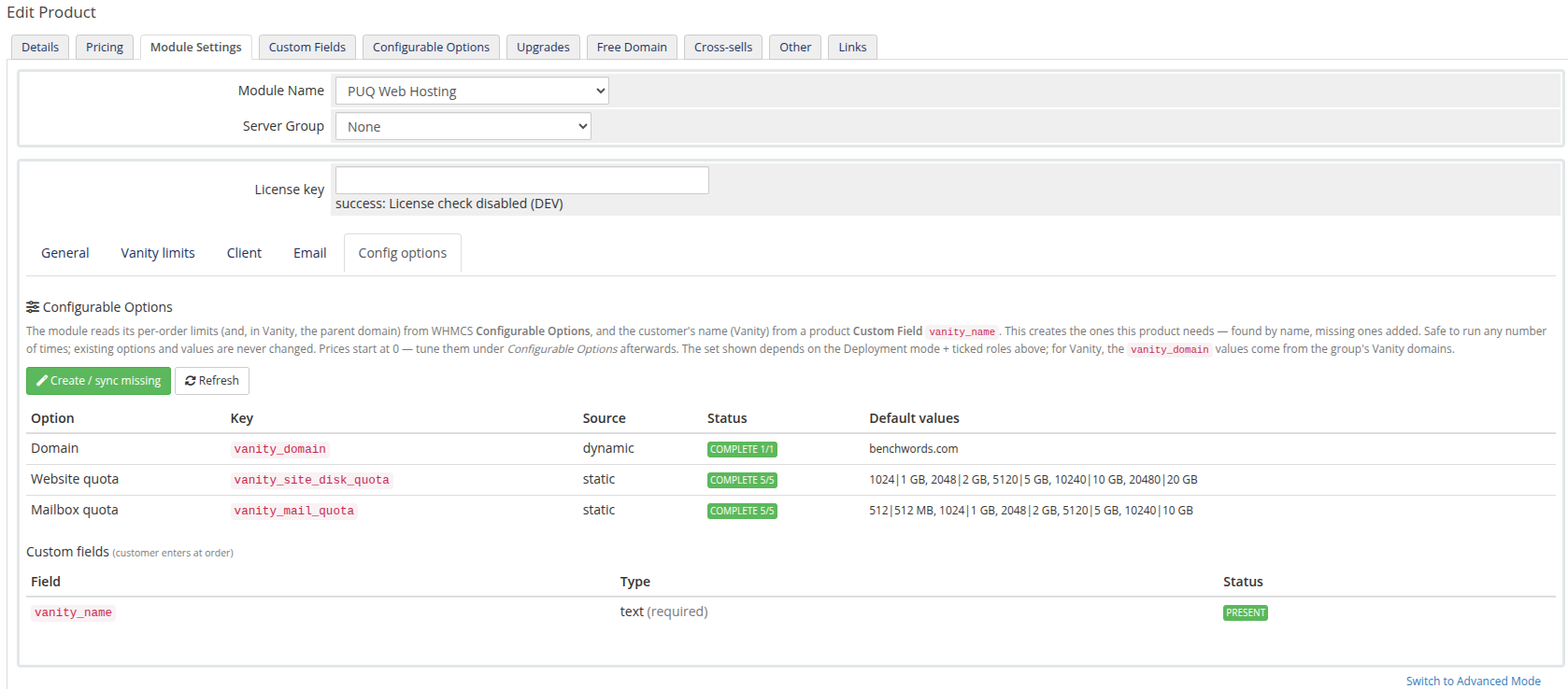 Vanity config options
