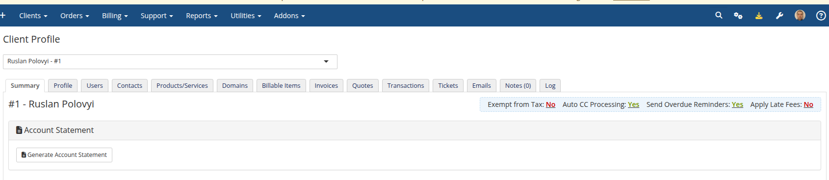 Generate Account Statement button on the client profile Summary tab
